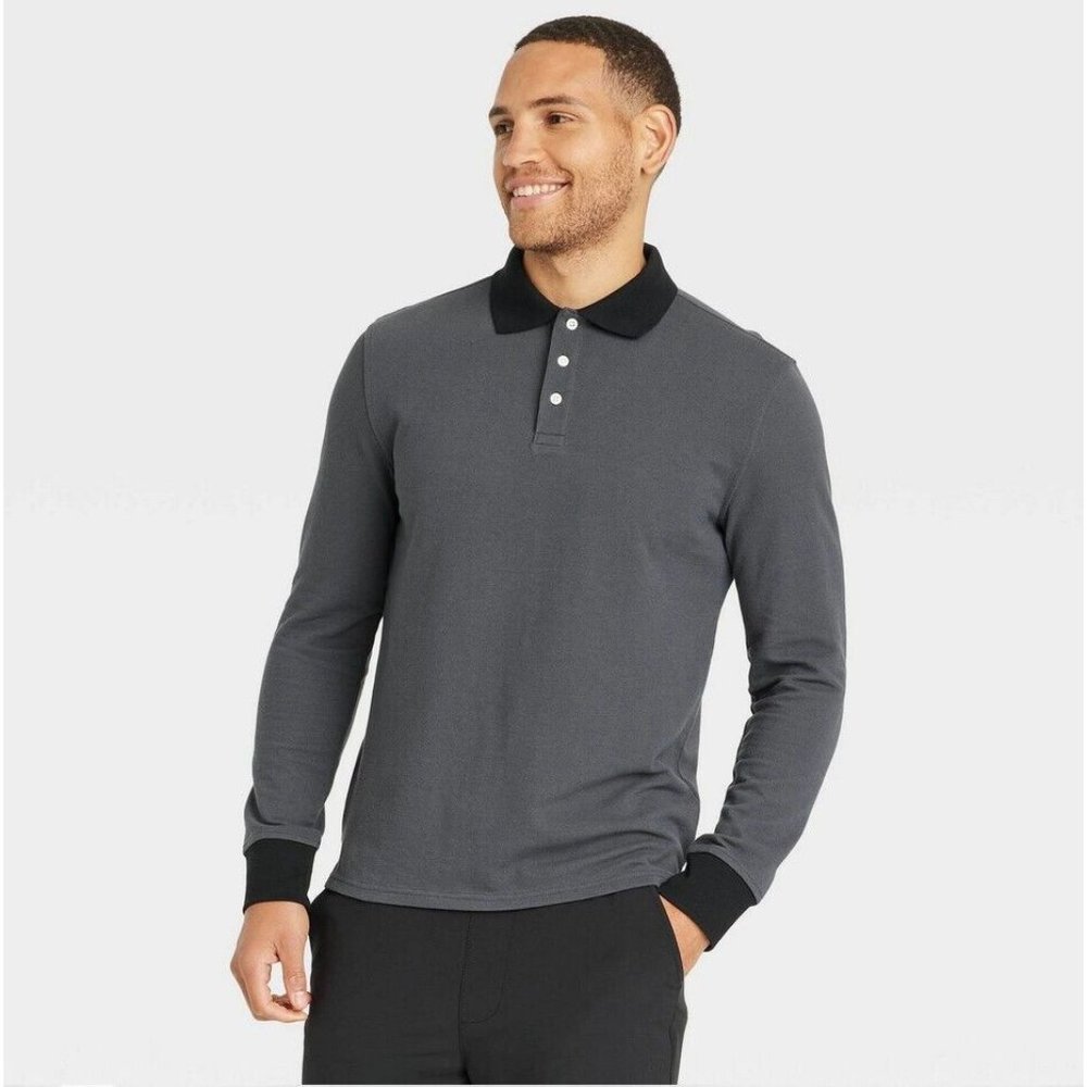 Goodfellow Mens Long Sleeve Rugby Polo Shirt SMALL S Gray Black Collar NWT